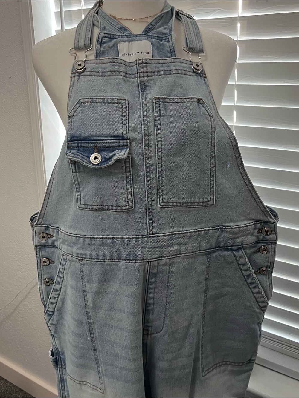 Celebrity Pink Light Wash Denim Overalls
